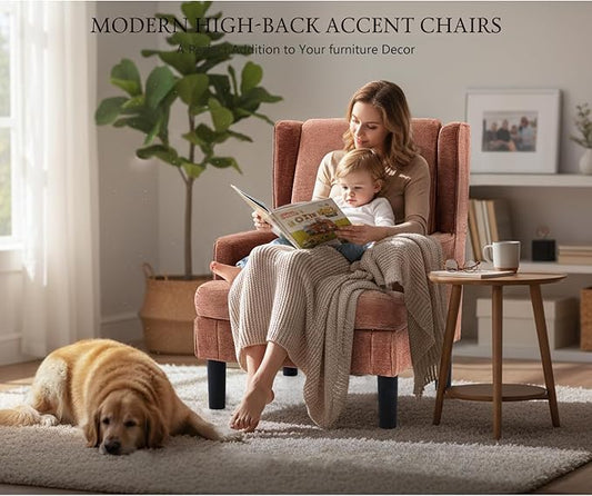 Accent Chair for Living Room Chairs Upholstered Oversized Reading Chair Armchair Accent Chairs for Living Room Chair with High Back and Wood Legs, Arm Chair Comfy Chair for Bedroom(Orange red)