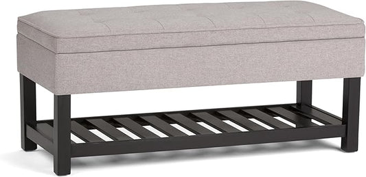 SIMPLIHOME Cosmopolitan 44 inch Wide Transitional Rectangle Storage Ottoman Bench with Open Bottom in Cloud Grey Linen Look Fabric, Assembled for the Living Room and Bedroom