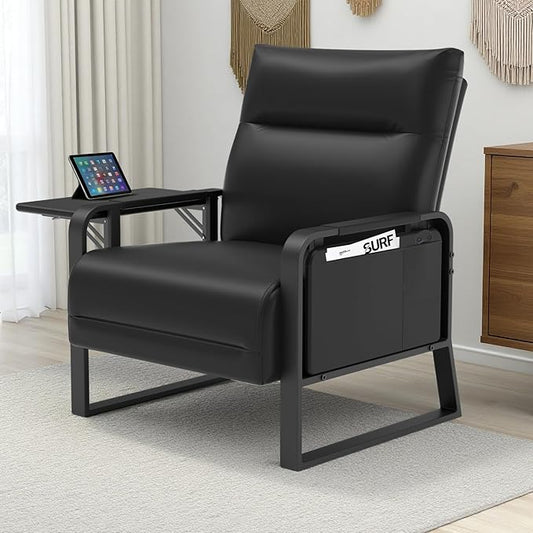 Upholstered Accent Chair, Modern Faux Leather Sofa Chair with Foldable Side Tray Table & Storage Pocket, Small Accent Sofa for Living Room, Bedroom, Reception Room, Black