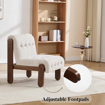HEAH-YO Accent Chair Set of 1,Modern Vintage Living Room Chair for Bedroom with Button Tufted Back and Wood Legs,Upholstered Comfy Reading Chair for Makeup Vanity Cafe,Chenille Beige