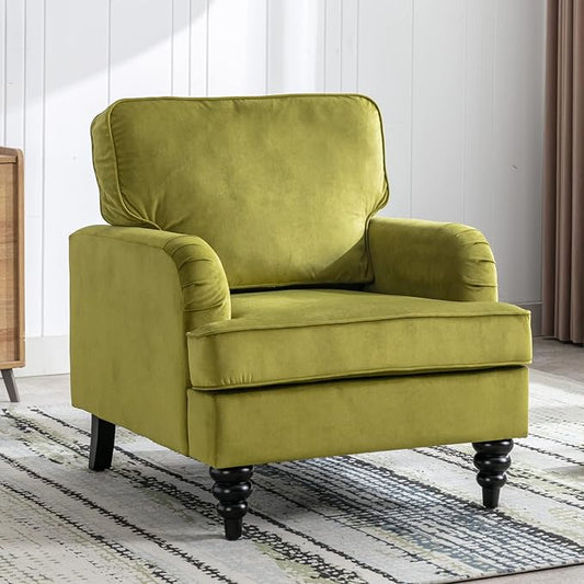 Velvet Upholstered Accent Chair Modern Single Sofa Chair with Thick Removable Back Cushion and Black Printed Legs Armchair for Living Room/Bedroom/Reading Room, Olive Green