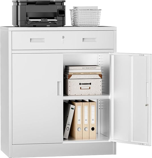 Metal Storage Cabinets with Drawer, 36”H Lockable Storage Cabinet with Doors and Adjustable Shelves, Small White Steel File Cabinet for Home, Office, Warehouse, School, Assembly Required