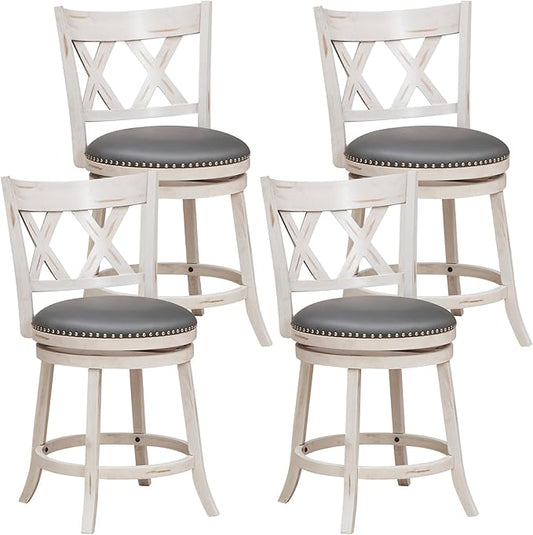 COSTWAY Bar Stool Set of 4 for Kitchen Island, 25.5” Swivel Armless Counter Height Stools with 20'' Wider Padded Seat, Ergonomic Curved Backrest, Rubber Wood Frame (4, Antique White + Gray)