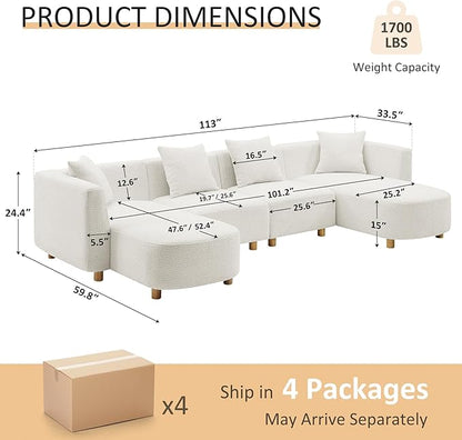 VANOMi 113" Sectional Sofa with 4 Pillows, U-Shaped 4-Seater Comfy Boucle Cloud Couch, Modern Double Chaises Lounge Sofas for Living Room, Office, Apartment (White-U)