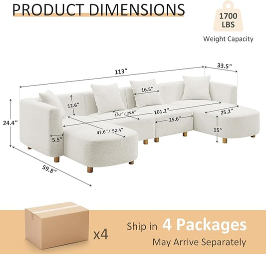 VANOMi 113" Sectional Sofa with 4 Pillows, U-Shaped 4-Seater Comfy Boucle Cloud Couch, Modern Double Chaises Lounge Sofas for Living Room, Office, Apartment (White-U)