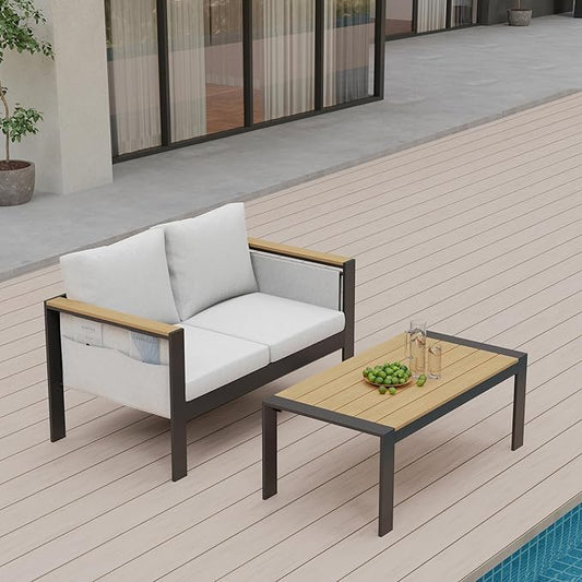 Corinth 2-Piece Aluminum Patio Conversation Set - Outdoor, Porch, Balcony, Yard, Gardern, All Weather,1 Ergonomic Design Love Sofa and 1 Coffee Table, White