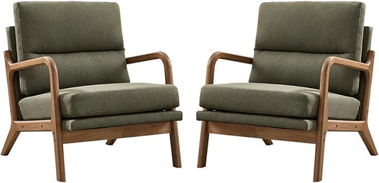 Mid Century Modern Accent Chair Set of 2, Linen Fabric Upholstered Lounge Arm Chair with Solid Wood Frame and Soft Cushion for Living Room, Bedroom, Balcony (1, Green)
