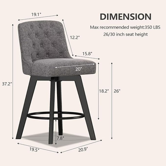 MINCETA Bar Stools Set of 4, 26 Inch Upholstered Barstools with Low Tufted Back and Footrest, Swivel Counter Height Barstools for Kitchen Island Home Bar Performance Fabric Gray
