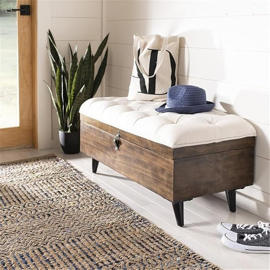 Safavieh Home Collection Liam Light Beige and Dark Oak Tufted Cocktail Ottoman