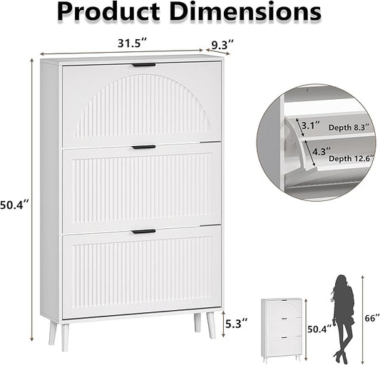 Shoe Cabinet for Entryway with 3 Flip Drawers, Slim Wooden Shoe Storage Organizer with Modern Fluted Pannel，Freestanding Narrow Hidden Shoe Rack for Hallway, Foyer, Living Room