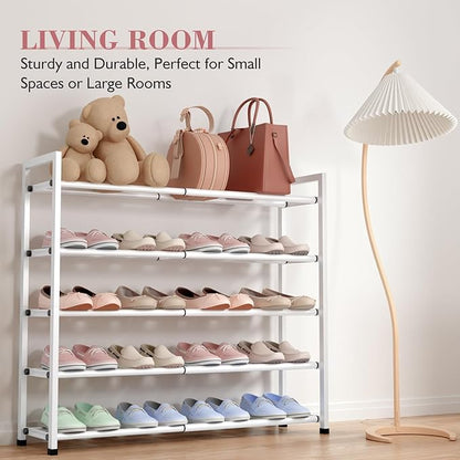 Bumusty 5-Tier Expandable Shoe Rack for Closet, 18“-33” Adjustable Shoe Rack for Small Space, Small Shoe Organizer for Front Door, Sturdy Metal (White)