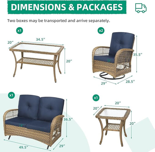 VIVIJASON 5-Piece Outdoor Patio Wicker Conversation Sets, All Weather Outdoor Rattan Furniture Set Includes Glider Loveseat, 2 Coffee Table, 2 Swivel-Gliders Chairs with Cushions, Navy Blue