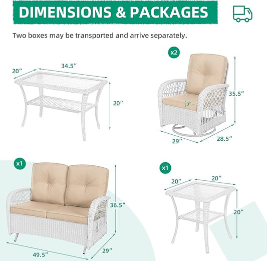 VIVIJASON 5-Piece Outdoor Patio White Wicker Conversation Sets, All Weather Outdoor Rattan Furniture Set Includes Glider Loveseat, 2 Coffee Table, 2 Swivel-Gliders Chairs with Cushions, Beige