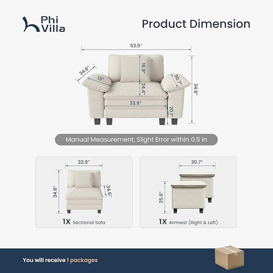 PHI VILLA Oversized Single Sofa Chair with Deep Seat, Cloud Upholstered Reading Armchair, 1 Seater Comfy Sofa Chair for Bedroom Nook, Chenille, Beige