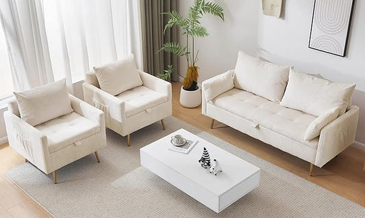 Furnimart 3-Piece Storage Sectional Sofa and Couch Set, Corduroy Loveseat with 2pc Accent Single Chairs, Small Living Room Furniture Set for Apartment, Tiny Homes and Lofts, 3PC-Beige