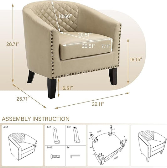 Pia Ricco Faux Leather Barrel Accent Chair, Modern Club Arm Chair Comfy Upholstered Single Sofa Chair with Solid Wood Legs and Nailhead Trim for Living Room/Reading Room, Beige
