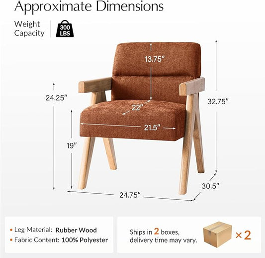 HULALA HOME Modern Accent Chair, Upholstered Arm Chair with Solid Wood Frame, Comfortable Padded Seat and Back, for Living Room, Bedroom Set of 2, Rust