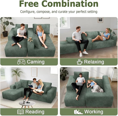 108” Cloud Sectional Couch, Modular Sectional Sofa with Deep Seat, Corduroy Boneless Couches with Chaise for Living Room Bedroom, No Assembly Required