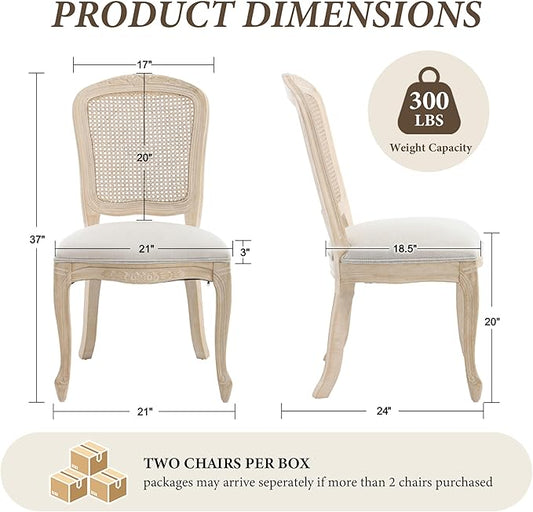 Wicker Dining Chairs Set of 2, Upholstered Linen Fabric Dining Room Chairs with Square High Rattan Back Farmhouse French Kitchen Chairs for Dining Table/Living Room/Restaurant, White