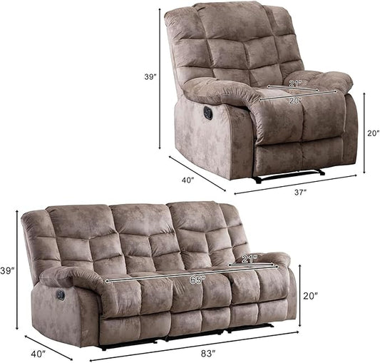 EBELLO Manual Recliner Couch Set, Soft Fabric Reclining Living Room Sofa Set, Includes Single Recliner Chair and 3PC Bonded Sofa, Light Brown