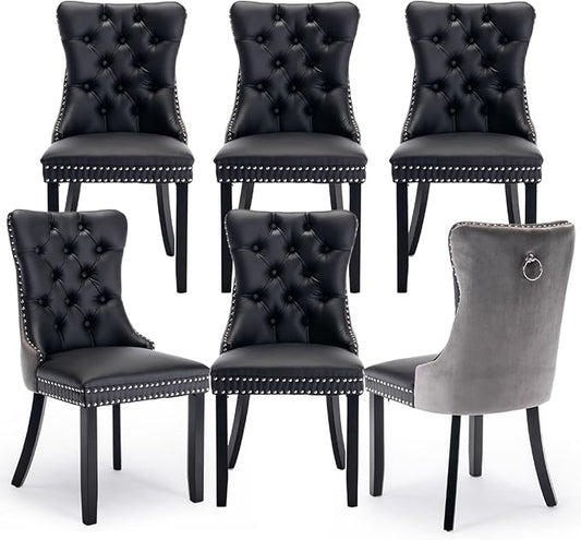 Leather Upholstered Dining Chairs Set of 6, Modern Style Kitchen Side Chairs with Nailhead Trim and Wood Leg, Metal Pulling Ring for Dining Room Living Room(Black&Grey,Set of 6)