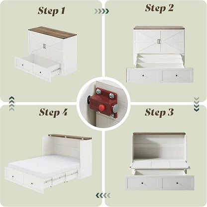 Full Murphy Bed with 6" Tri-Fold Memory Foam Mattress, Storage Drawer & Charging Station, Space-Saving Design for Home Office or Guest Room, White