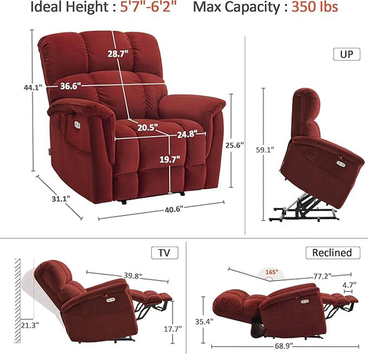 MCombo Large-Wide Dual Motor Power Lift Recliner Chair, Massage and Dual Heating for Elderly People, Infinite Position, Fabric R7166 (Burgundy)