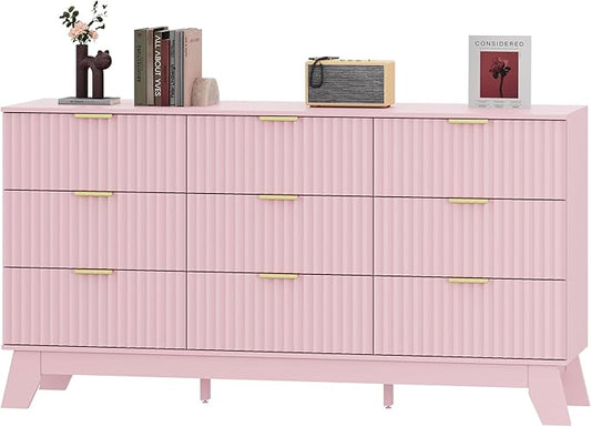 Fluted Dresser for Bedroom with 9 Drawers, 57" Pink Dressers & Chest of Drawers for Girls, Mid Century Modern Dresser of Closet TV Stand, Boho Wood Chests of Drawer for Living Room, Hallway, Pink