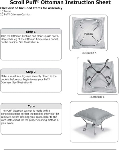 Howard Elliott Scroll Puff Ottoman Chair With Cover, Multipurpose Alternate Seating Footstool Footrest Chair with Titanium Frame, Patio Furniture for Camping, Home, Indoor & Outdoor, Bella Sand