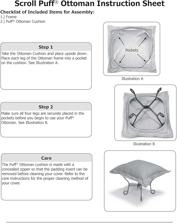 Howard Elliott Scroll Puff Ottoman Chair With Cover, Multipurpose Alternate Seating Footstool Footrest Chair with Titanium Frame, Patio Furniture for Camping, Home, Indoor & Outdoor, Bella Moss