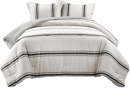 Lush Decor Farmhouse Stripe Reversible Cotton Comforter Set, 3 Piece Set, California King, Black - Cozy Farmhouse Bedding Set - Rustic Decor - Striped Comforter - Modern Farmhouse Bedroom Decor