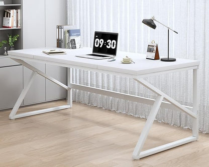 HSH 70 Inch Long White Computer Desk, Modern Large Executive Work Writing Study Gaming Desk for Home Office, Industrial Metal Wooden Two Person Desk Dual Monitor Workstation in Bedroom Living Room