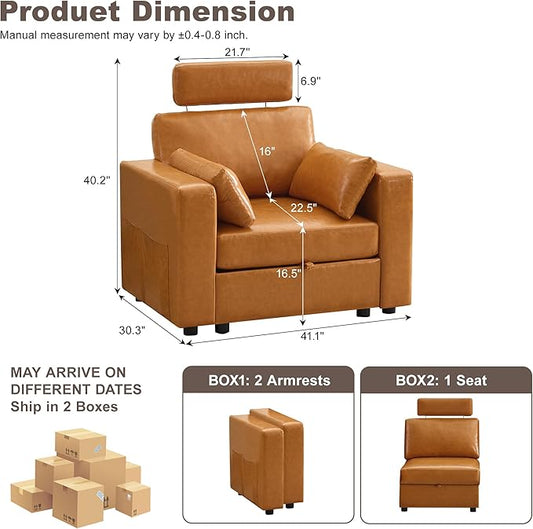 41.1" Accent Sofa Chair with Storage, Faux Leather Living Room Chairs with Headrest and Side Pockets, Mid Century Modern Arm Chair, Upholstered Comfy Single Couch Reading Club Chairs, Brown