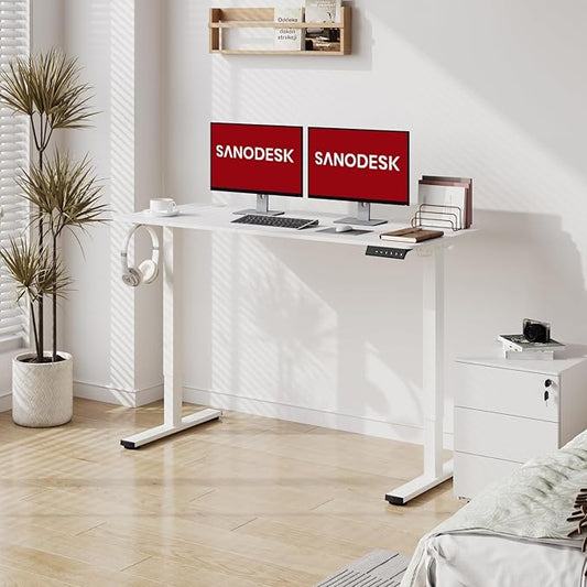 SANODESK Electric Standing Desk 55x24 Inch Height Adjustable Stand Up Desk Home Office Computer Workstation Sit Stand Home Office Desk with Splice Board (White Frame + White Top)