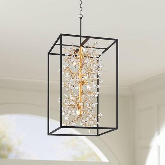 Possini Euro Design Carrine 20" Modern Pendant Chandelier Ceiling Light Fixture Dining Room Over Table Kitchen Island Foyer Hanging Unique 6-Light Black Gold Finish Crystal Metal Hallway Entryway