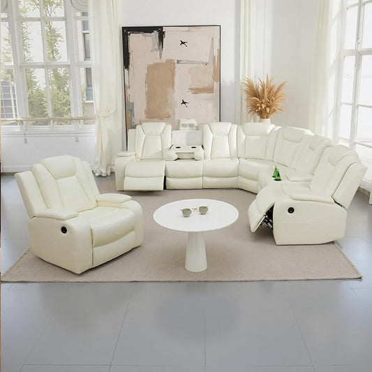 Power Recliner Sectional Couch with LED, Leather Reclining Sofa for Living Room, Muti-Functional Recliner Corner Sectional with Storage Console/Cup Holders/USB Ports (Creamy White, SECTIONAL & CHAIR)