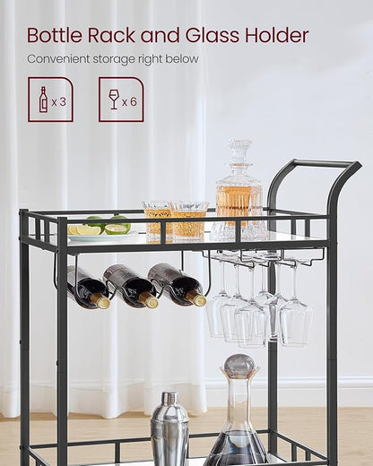 VASAGLE Bar Cart Black, Home Bar Serving Cart, Wine Cart with 2 Mirrored Shelves, Wine Holders, Glass Holders, for Kitchen, Dining Room, Black ULRC092B62