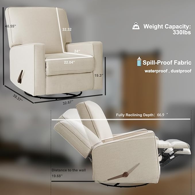 Harkawon Swivel Rocker Recliner Chair, Glider Rocker Recliner, Rocking Chair Nursery, Fabric Chair with High Back, Deep Seat, for Living Room, Bedroom, Beige+Brown