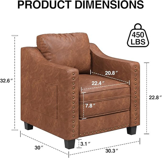 Faux Leather Accent Chair Set of 2 for Living Room, 30 Inches Barrel Upholstered Armchair, Cozy Mid Century Modern Club Arm Chair Single Sofa for Bedroom, Apartment, Reading Room, Brown