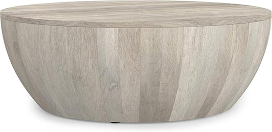 SIMPLIHOME Elmbrook Coffee Table - 34 inch Wide Solid Mango Wood Modern Industrial Round Drum Cocktail Table in White Wash, Sculptural Living Room Table with Low Profile Design, Assembled