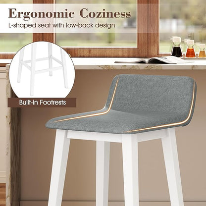 COSTWAY Wooden Bar Stools Set of 2, 29-inch Height Upholstered Padded Seat, Low Backrest, Footrest, Rubber Wood Legs, Armless Bar Chairs for Kitchen Counter Island, Dining Room, White+Gray