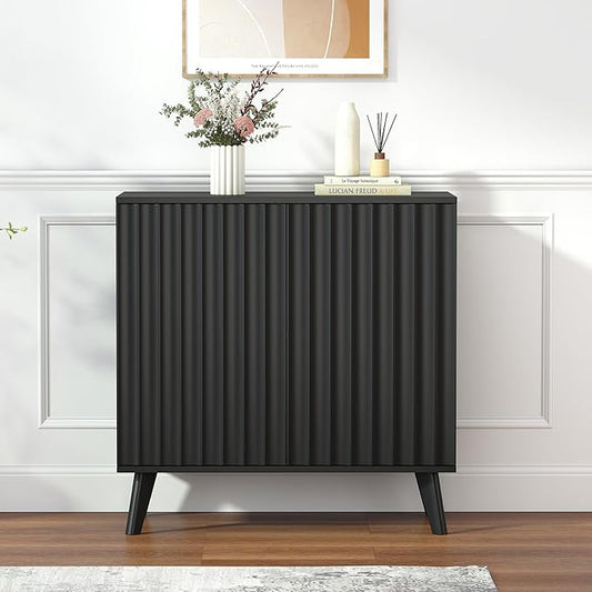 Fluted Sideboard Buffet Cabinet with 2 Doors, Modern Storage Cabinet with Adjustable Shelves, Wood Console Table for Kitchen Dining Living Room Entryway (Black)