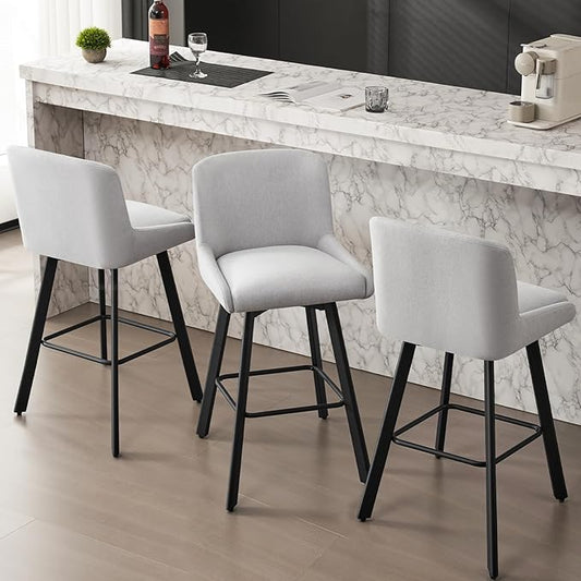 Swivel Bar Stools Set of 3, 30''H Upholstered Barstools with Backs, Modern Counter Height Bar Stool Chairs for Kitchen Island, Metal Legs, Fabric, Light Gray Counter Stools