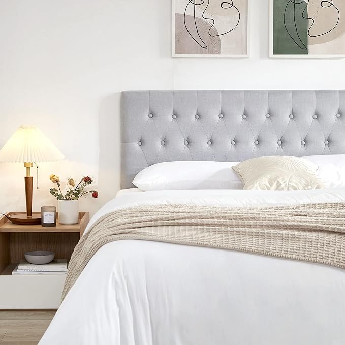 Kingfun Upholstered Tufted Twin Bed Headboard in Modern Button Design, Adjustable Solid Wood Head Board, Premium Linen Fabric Padded Headboards in Bedroom, Grey