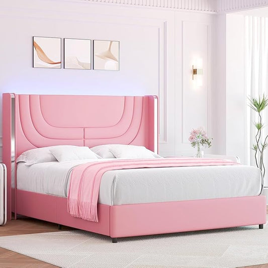 Queen Bed Frame with LED Lights, Faux Leather Upholstered Bed with Wingback Headboard, Modern Bed Frame, No Box Spring Needed, Easy Assembly, Pink