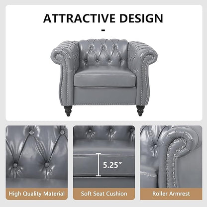Accent Sofa Chair for Living Room, Modern PU Leather Upholstered Armchair, Oversized Comfy Single Sofa Chair with Cushion, Mid Century Tufted Chesterfield Sofa Couch for Bedroom, Apartment (Grey)