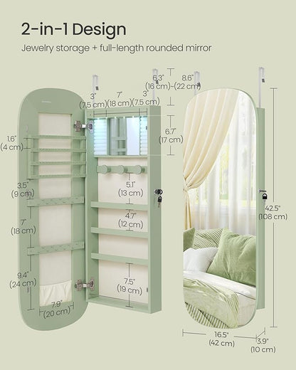 SONGMICS Jewelry Organizer, LED Jewelry Cabinet Wall/Door Mounted, Lockable Rounded Wide Mirror with Storage, Christmas Gift 3.9 x 16.5 x 42.5 Inches, Laurel Green Surface with Cream White Lining