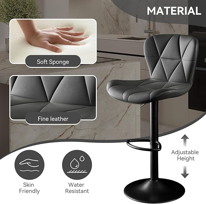Bar Stools,Adjustable Swivel Barstools, Faux Leather Bar Chairs,Upholstered Counter Height with High Backrest for Kitchen Island, Black