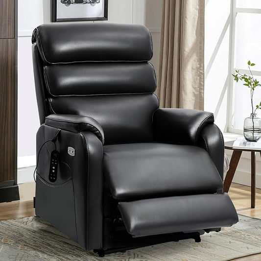 EONIX Dual Motor Lay Flat Power Lift Recliner Chair for Elderly, Faux Leather Electric Lift Chairs for Adults, 400lbs Heavy Duty Power Recliner with Heat Massage Charging Ports, SLRY003, Black