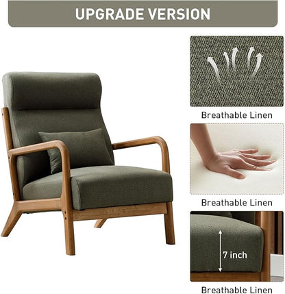 ANJHOME Mid Century Modern High Back Accent Chairs Set of 2, Single Lounge Armchair with Solid Wood Frame, Comfy Reading Chair for Living Room, Easy Assembly